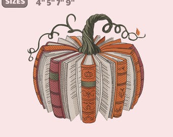 Diseño de bordado de calabaza de libro: Archivos de puntadas de otoño, lectura retro, Halloween, diseños listos para prensar, regalo para bibliotecario y maestro, descarga