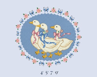 Archivo de diseño de bordado vintage de abuela de gansos de segunda mano de los años 90, gansos de abuela con lazo, archivos de máquina de gansos de arte popular cottagecore, descarga digital