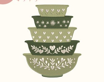 Diseño bordado de cuencos Pyrex Colonial Mist, cocina vintage (descarga digital, 4 tamaños)