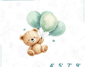 Archivo de bordado con diseño de oso bebé, archivo de oso con globo, patrón de bordado de animales del bosque, regalo para baby shower, descarga digital vp3 pes