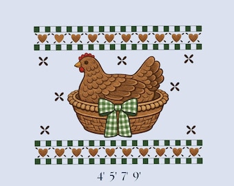 Diseño de gallina bordada en nido, diseño de decoración de segunda mano, archivos de máquinas de granja de segunda mano de estilo cottagecore, descarga digital de gallina con arte de tenedor