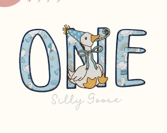 Archivo de diseño de bordado de cumpleaños de un ganso tonto, diseño a juego para el primer cumpleaños familiar, regalo divertido de ganso para mamá y papá, atuendo de fiesta personalizado