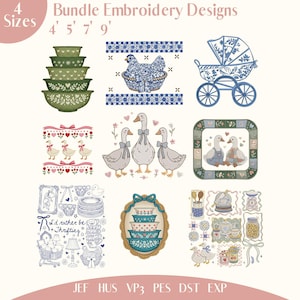 May include: A selection of embroidery designs with diverse themes. Designs include stacked bowls, a hen in a basket, a pram, geese, and decorative frames. The text "Bundle Embroidery Designs" and "I'd rather be thrifting" are also visible.