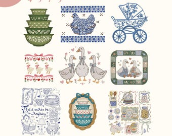 Archivo de diseño de bordado de gansos de segunda mano, diseño vintage de gansos de la abuela, archivos de máquina de gansos de arte popular cottagecore, descarga digital PES dst