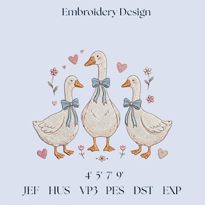 May include: An embroidery design featuring three geese with light blue bows around their necks, surrounded by hearts and flowers. The text "Embroidery Design" is at the top, and file format codes are at the bottom. The geese have orange beaks and feet.