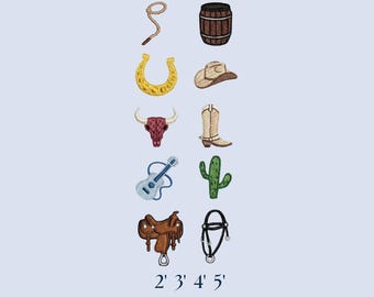 Conjunto de 10 diseños de bordado estilo western, elegantes archivos de bordado a máquina sureños de vaquera y vaquero, descarga digital, 10 mini archivos de 2 a 5 pulgadas.