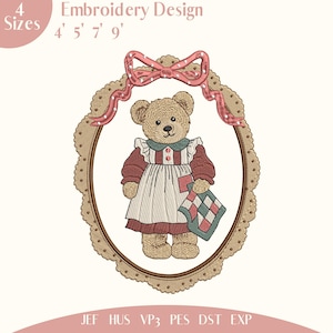 Vintage Thrifted Bear Embroidery Design, Coquette CottageCore Oval Frame Design,Folk Art Teddy Bear Machine Files Digital Download pes dst
