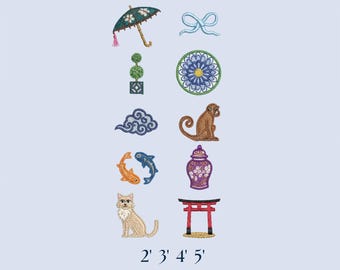 Juego de 10 mini diseños de bordado chinoiserie, archivos de bordado a máquina Chic Grand Millennial, descarga digital, 8 mini diseños de 2 a 5 pulgadas Pes dst