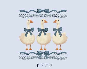 Diseño de bordado vintage de mamá ganso con crías de ganso, diseño de ganso de cinta azul con corazones, archivos de máquina de ganso de arte popular cottagecore, digital