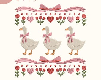 Diseño de bordado de ganso con cinta de San Valentín vintage, diseño estético elegante de los años 80, archivos de máquina Goose Coquette, descarga digital PES dst