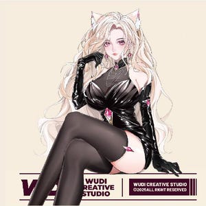 May include: Illustration of a woman with long blonde hair and cat ears, wearing a black dress and gloves. The image features pink gemstones and the text "WUDI CREATIVE STUDIO ©2025 ALL RIGHT RESERVED".