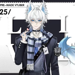 May include: A digital illustration of a character with white hair and blue eyes, wearing a black blazer, a plaid scarf, and a choker. The image includes the text "PRE-MADE VTUBER" and "25/". The character is holding a small pink heart.