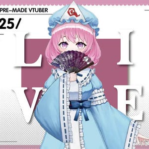 May include: Digital illustration of a character with pink hair, wearing a light blue dress and holding a fan. The image has text that reads "PRE-MADE VTUBER" and "25/" with the word "LIVE" in large white letters.
