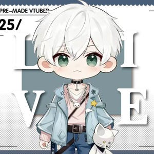 May include: An anime-style character illustration with white hair and green eyes, wearing a light blue jacket, pink shirt, and jeans. The character has a cat necklace and holds a white cat plushie. The word "LIVE" is displayed in large white letters.