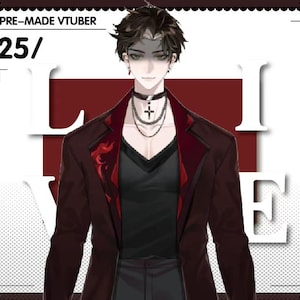 May include: Digital illustration of a male anime-style character in a dark red blazer over a black shirt, with a cross necklace. The image includes the text "PRE-MADE VTUBER 25/" and the word "LIVE" in large white letters.