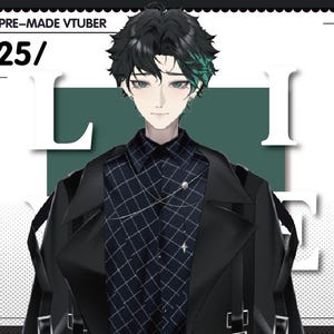 May include: A digital illustration of a male anime-style character with black hair and teal highlights. He wears a black jacket over a checkered shirt. The image includes the text "PRE-MADE VTUBER" and "25/" in the upper left corner.