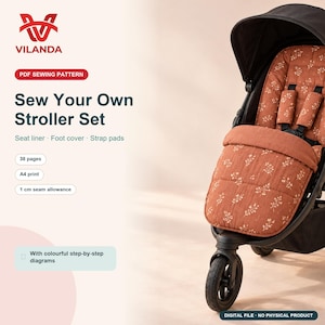 May include: A PDF sewing pattern for a stroller set by VILANDA, including a seat liner, foot cover, and strap pads. The set features a rust-colored fabric with a white floral pattern. The document contains 38 pages, A4 print, and 1 cm seam allowance.