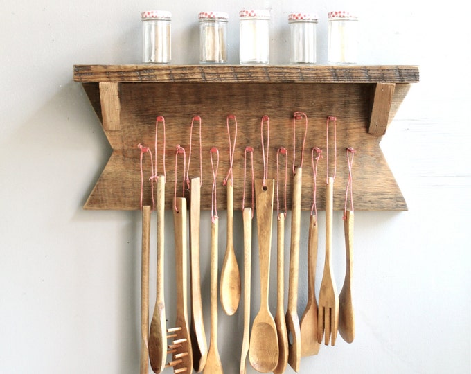Vintage Wooden Kitchen Utensils With Rack Etsy