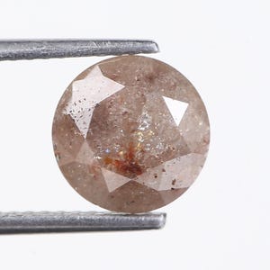 May include: A round, faceted, light brown gemstone held by metal tweezers. The gemstone has a speckled appearance with reddish-brown inclusions and a polished surface. The gem is set against a white background.
