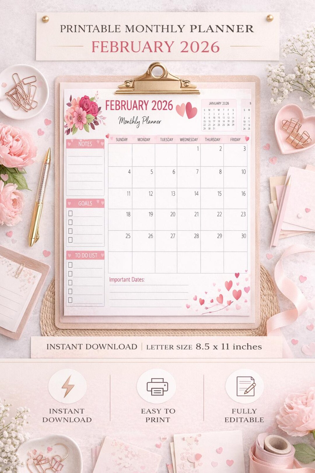 February 2026 Monthly Planner | Floral Printable (pdf & Png) | Plr/mrr ...