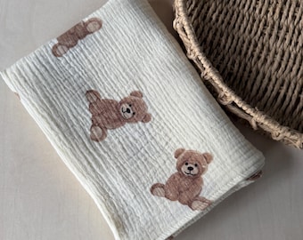 Teddy Bear Muslin Baby Blanket - Soft Cotton, Newborn Swaddle