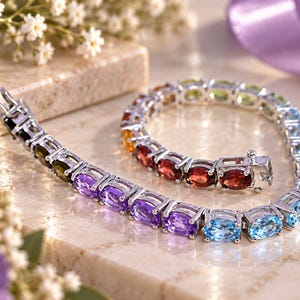 May include: A multi-coloured gemstone tennis bracelet featuring oval-cut stones in a silver-toned metal setting. The bracelet displays a gradient of colours including blue, purple, red, orange, and green, secured with a box clasp closure.