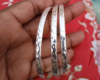 Handmade Sterling Silver Hammered Bangle Set: Stackable Boho Bangles Valentine Ring