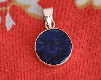 Round Blue Lapis Lazuli Pendant | Sterling Silver Necklace | Healing Crystal Jewelry | Handmade Gemstone Pendant