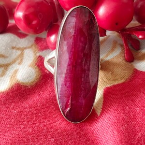 925 Sterling Silver Ring, Handmade Long Oval Gemstone Ring, Red Ruby Ring, Boho Statement Jewelry,