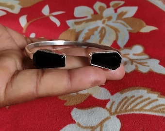 Black Onyx Cuff Bracelet, 925 Sterling Silver Open Bangle Handmade Minimalist Jewelry,