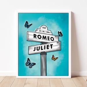Könnte beinhalten: Gerahmter Druck mit einem Straßenschild-Design, das "Romeo" und "Juliet" auf separaten Schildern vor einem türkisfarbenen Hintergrund mit Schmetterlingen zeigt. Der Druck enthält den Text "EST 14.02.1595".
