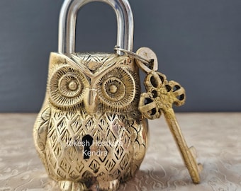 Brass Owl Design PadLock With Keys, Traditinal Vintage Owl Shaped Locks, Unique Style Indian Handcrafted Lock With Decorative Keys.