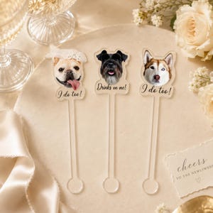 May include: Three clear acrylic drink stirrers with dog faces. One dog wears a veil and has the text "I do too!". Another says "Drinks on me!" and the last says "I do too!". The background includes flowers and a "Cheers" card.