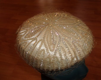 vintage ladies hat ivory colored irridescent sequins netting