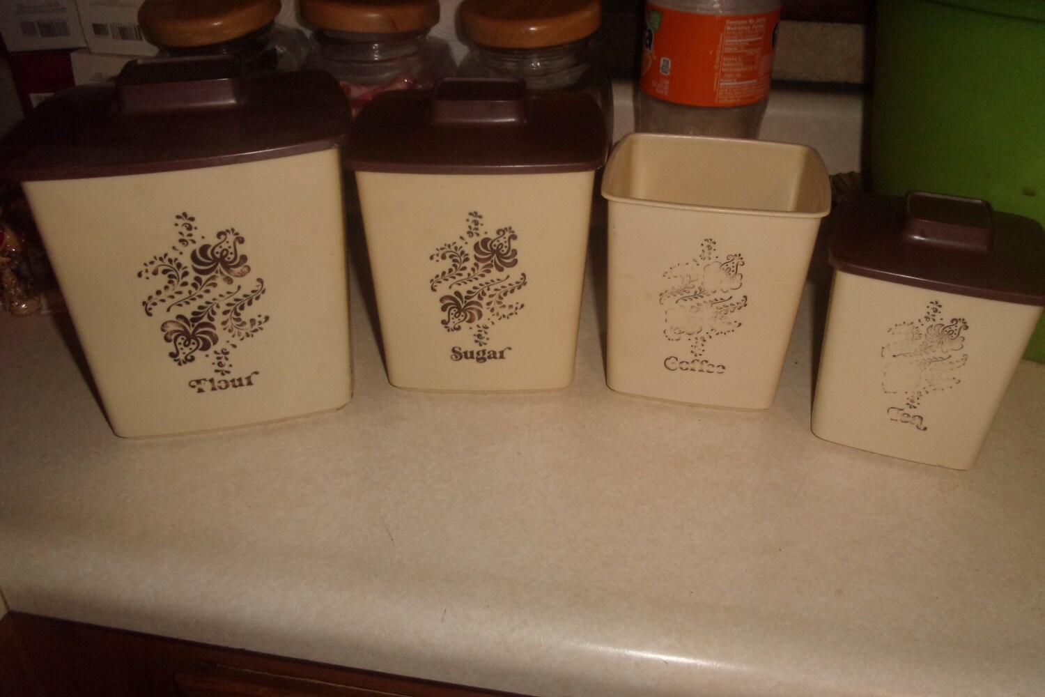 vintage kitchen canisters plastic cream brown scrolls retro | Etsy