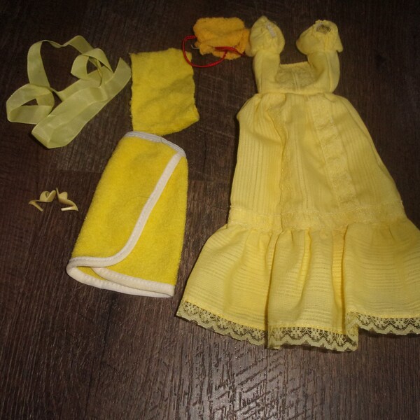 vintage barbie doll clothing long maxi dress yellow 1980s magic curl original label 3856