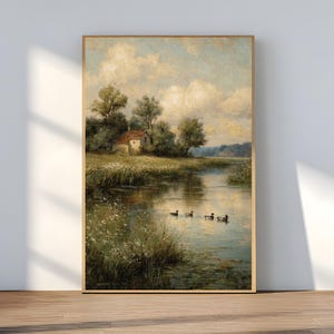 landscape print, cottagecore wall art, countryside print, river landscape, printable wall art, farmhouse decor, vintage art prints, oil painting, downloadable prints, moody wall art, french country decor, lake wall art, digital download