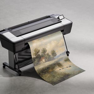 May include: A large format printer in black and white is shown printing a landscape painting. The painting depicts a serene scene with trees, a small house, and a body of water. The printer is on a stand with wheels.