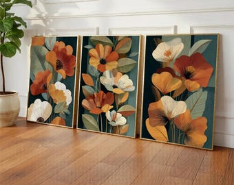 Mid Century Modern Botanical Print Set of 3 -Retro Floral Wall Art -Scandinavian Boho Home Decor -Gallery Wall Set -Digital Download