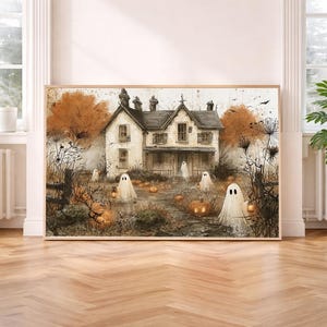 May include: A rectangular wall art print featuring a haunted house scene with white ghost figures, orange pumpkins, and autumn trees. The illustration displays a weathered building with dark roof details, surrounded by bare branches and foliage in shades of brown and orange, set against a light, neutral background.
