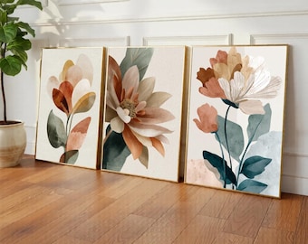 Boho Wall Art Prints Set of 3 -Abstract Floral Art -Mid Century Modern Decor -Printable Gallery Wall Set -Instant Digital Download