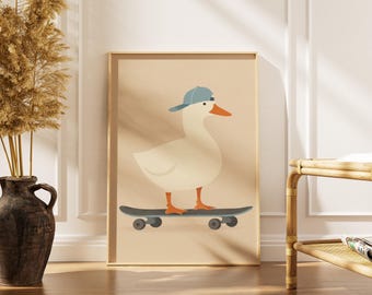 Duck Riding Skateboard Silly Goose Print -Western Nursery Wall Art -kids room decor -Farm Animal Printable Wall Art-Instant Digital Download