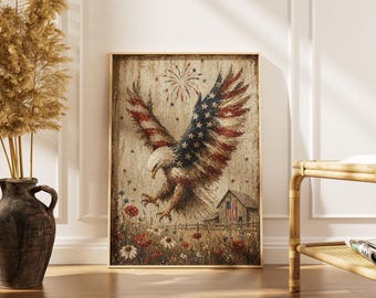 American Eagle Countryside Print -4th of July Patriotic Wall Art -Rustic Farmhouse Decor -Usa Flag Printable -Digital download