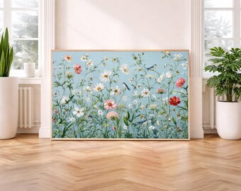 Botanical Bird Print -Neutral Summer Wall Art -English French Country Decor -Wildflowers Meadow Printable Digital Download