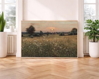 Tranquil Wildflowers Meadow Landscape Print -Countryside Printable Wall Art -Moody Cottagecore Decor -Instant Digital Download