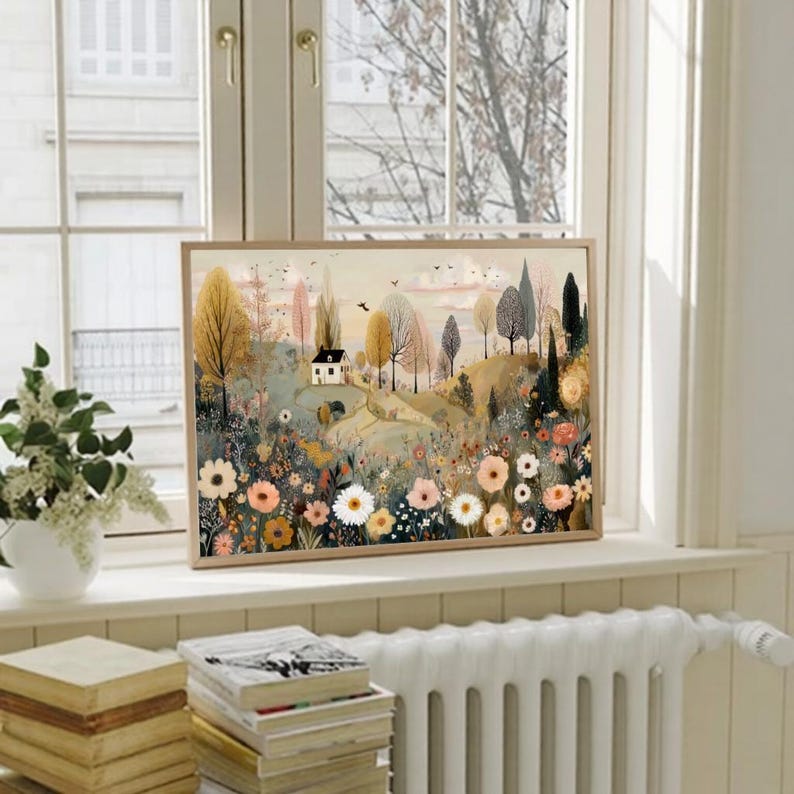 以下が含まれることがあります： 小さな家、木々、花々が描かれた風景画の額入りアートプリント。柔らかな色使いと落ち着いた色調が特徴です。穏やかで自然な美しさを感じさせるシーンです。