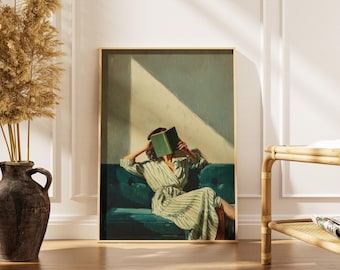 Emerald Green Woman Reading Book Abstract Art Print -Minimalist Bookish Wall Art -Modern Home Decor -Printable Digital Download