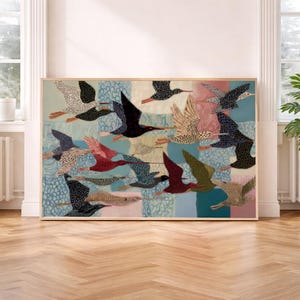 Whimsical Birds Print -Mixed Media Textile Wall Art -Colorful Crane Folk Art Print -Modern Scandinavian Decor -Printable Digital Download