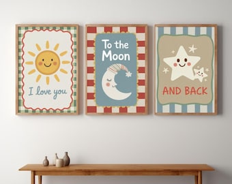 Celestial Nursery Prints Set of 3 -Playroom Wall Art -Sun Moon and Star Kids Room Decor -Printable Digital Download