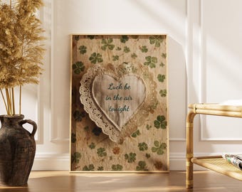 Vintage Heart St Patrick's Day Print -Shamrock Printable Wall Art -Four Leaf Clover Cottagecore Decor -Instant Digital Download